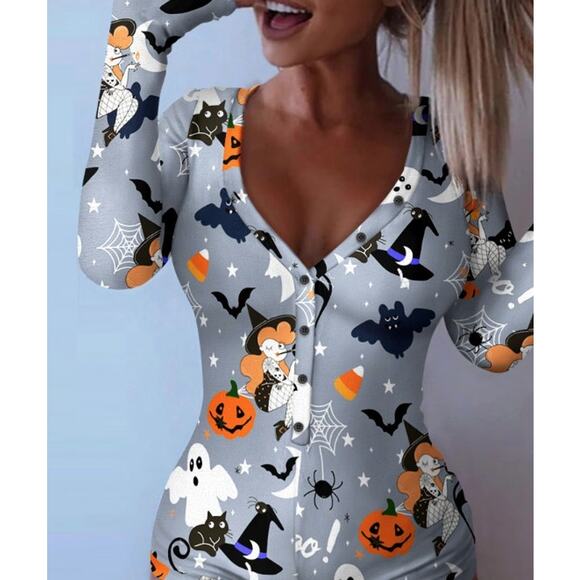 Halloween  Print Button Front Lounge Romper | Chic Me - Picture 2 of 5